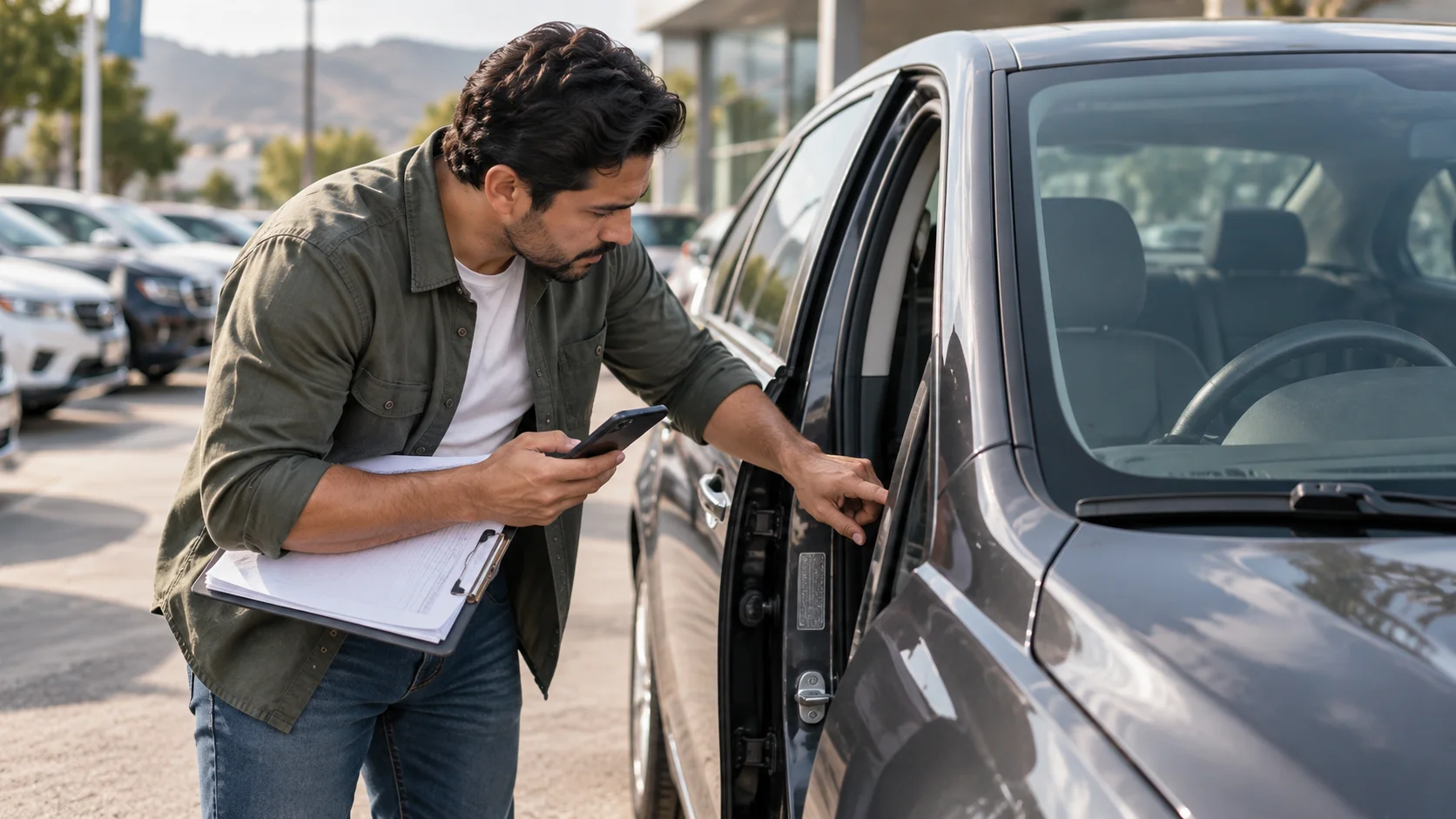 Persona comparando el VIN de un auto usado con los documentos del vehículo