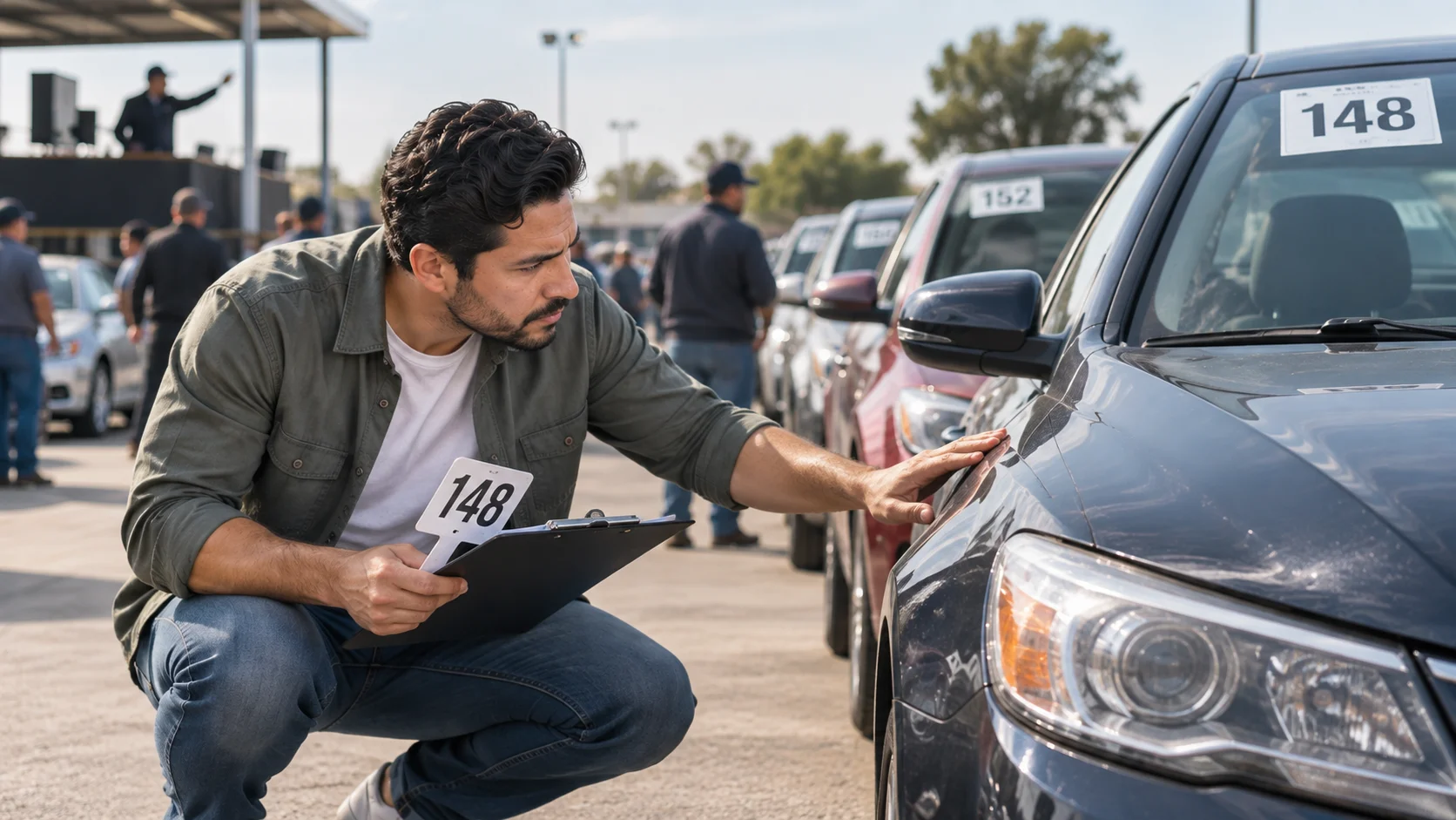 Comprador inspeccionando un vehículo antes de participar en una subasta de autos