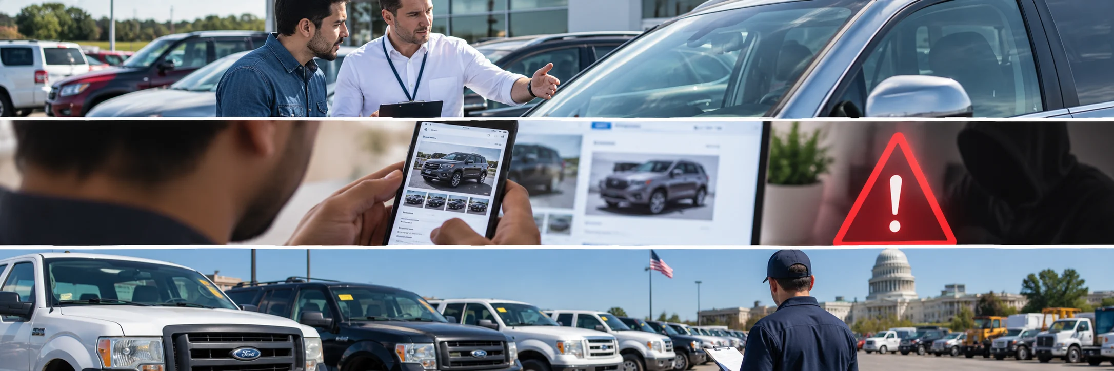 Manos revisando fotografías de una camioneta en una publicación de venta desde un celular.